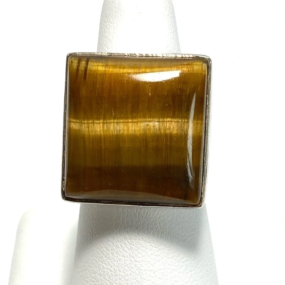 Tiger’s Eye 925 Artisan Native Ring Sterling Silver Size 7.25 Square 11.82g